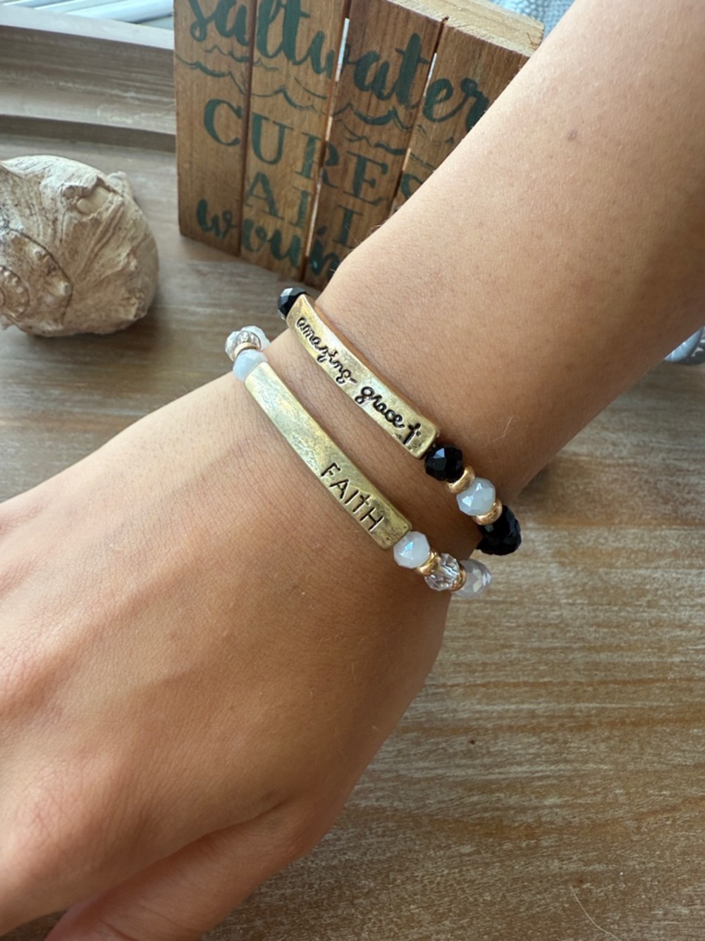 Amazing Grace Black Beaded Stretch Bracelet with Gold Accent - Picture 10 of 11